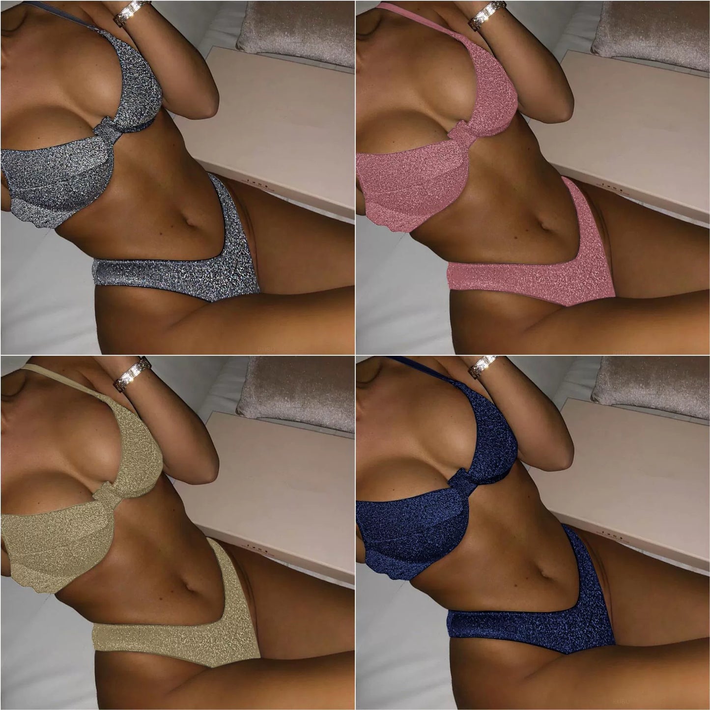 Glitter Fabric Fashion Underwire Gathered Split Swimsuit Bikinis Stylish Two-Piece Swimsuit